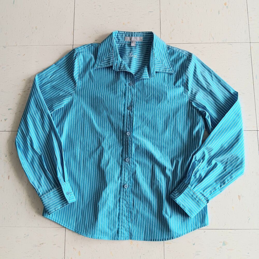 Foxcroft Non Iron Shaped Fit Shirt Women’s Size 10 Turquoise Stripes Button Up